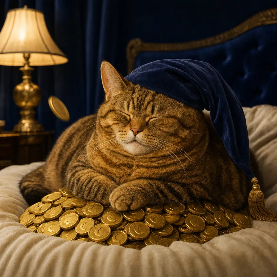 Ambrose asleep with one ear turned up while a coin falls
