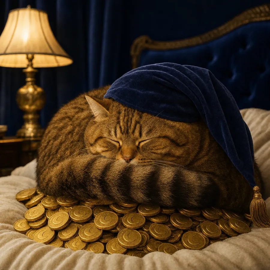 Ambrose curled up on the gold, tail tucked under his chin